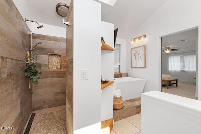 bathroom with visible vents, vaulted ceiling, ensuite bath, tile patterned flooring, and walk in shower