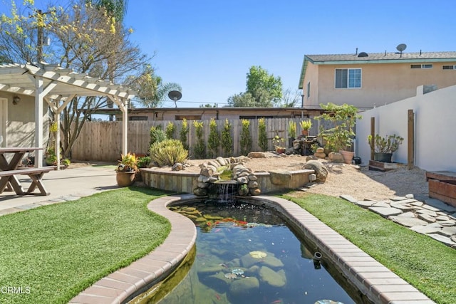 view of yard with a fenced backyard, a patio, and a pergola