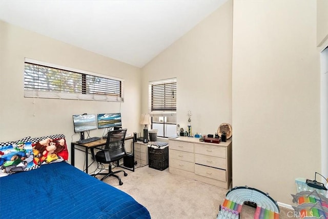 8556 Baldy Vista Dr, Rancho Cucamonga, CA 91730 - bedroom with high vaulted ceiling and carpet flooring