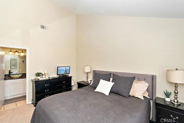 8556 Baldy Vista Dr, Rancho Cucamonga, CA 91730 - bedroom with ensuite bath, visible vents, high vaulted ceiling, carpet, and a sink