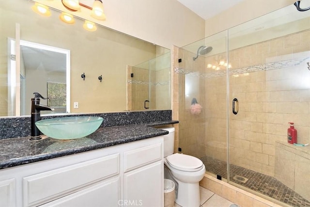 8556 Baldy Vista Dr, Rancho Cucamonga, CA 91730 - full bathroom featuring toilet, a stall shower, vanity, and tile patterned flooring