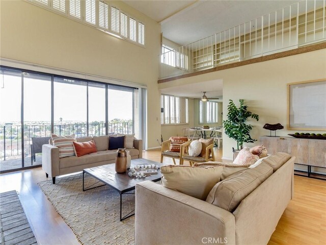 1923 Molino Ave Unit 303, Signal Hill, CA 90755 - living area with light wood finished floors, a high ceiling, and a ceiling fan