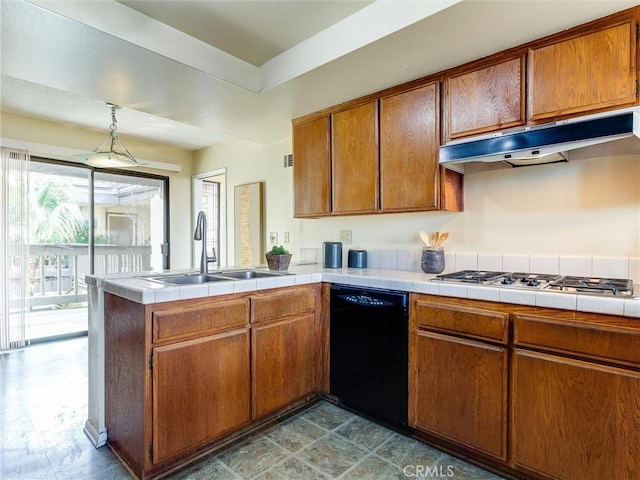 1923 Molino Ave Unit 303, Signal Hill, CA 90755 - kitchen featuring black dishwasher, a sink, under cabinet range hood, a peninsula, and brown cabinetry