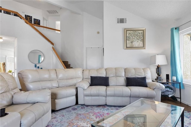 living room with hardwood / wood-style floors and vaulted ceiling