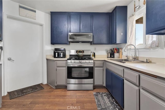 kitchen featuring stainless steel appliances, sink, blue cabinets, and dark hardwood / wood-style flooring