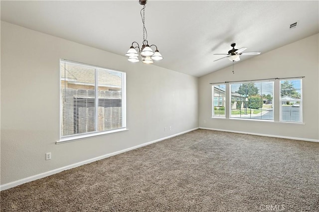 713 Vista Del Rey Dr, Atwater, CA 95301 - carpeted empty room featuring a ceiling fan, vaulted ceiling, and a chandelier