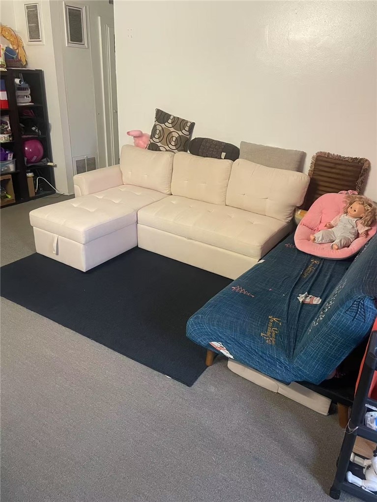 living area featuring carpet and visible vents