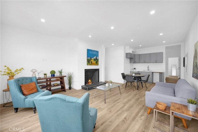 living room featuring sink and light hardwood / wood-style floors