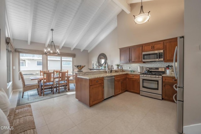 kitchen with brown cabinetry, hanging light fixtures, a peninsula, stainless steel appliances, and a sink