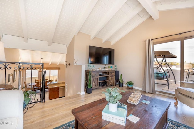 living area featuring light wood-style flooring, lofted ceiling with beams, an inviting chandelier, wooden ceiling, and baseboards