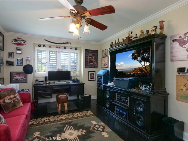 17 Barkentine Rd, Rancho Palos Verdes, CA 90275 - office area with ornamental molding, dark hardwood / wood-style floors, and ceiling fan