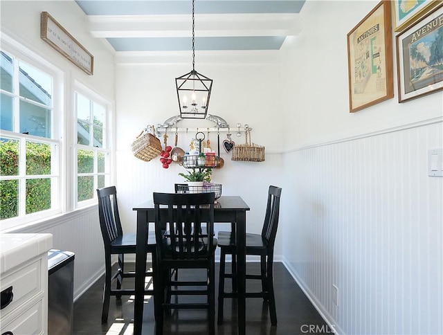 17 Barkentine Rd, Rancho Palos Verdes, CA 90275 - dining area with dark hardwood / wood-style floors, beam ceiling, and a chandelier