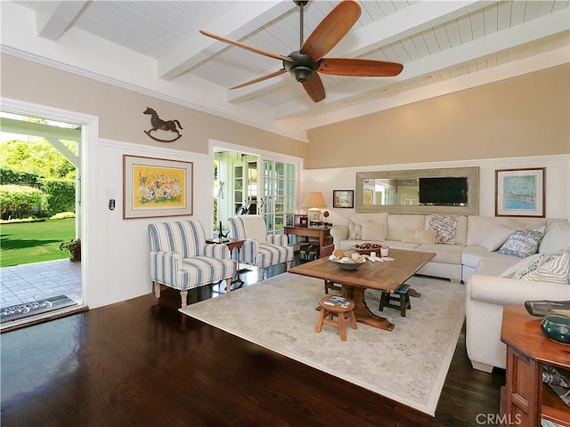 17 Barkentine Rd, Rancho Palos Verdes, CA 90275 - living room with lofted ceiling with beams, ceiling fan, wood ceiling, and dark hardwood / wood-style flooring