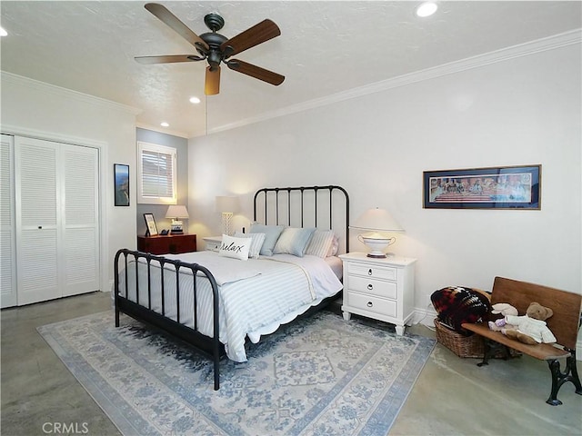 17 Barkentine Rd, Rancho Palos Verdes, CA 90275 - bedroom with crown molding, concrete floors, ceiling fan, and a closet