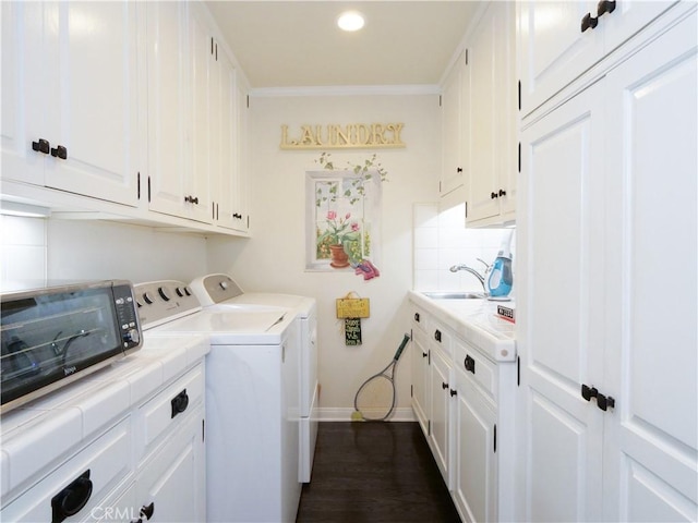 17 Barkentine Rd, Rancho Palos Verdes, CA 90275 - washroom featuring sink, cabinets, ornamental molding, dark hardwood / wood-style flooring, and independent washer and dryer