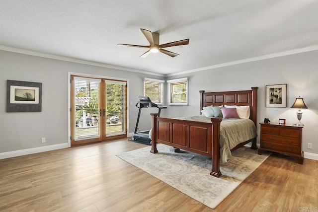 bedroom with ceiling fan, ornamental molding, access to exterior, and light wood-type flooring