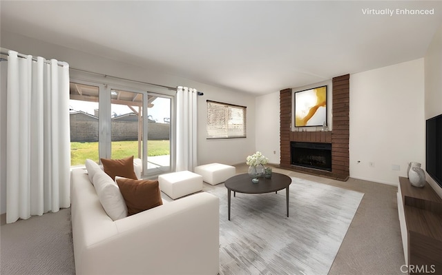 living room featuring a brick fireplace and light colored carpet