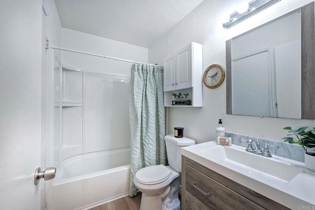 full bathroom featuring shower / bath combination with curtain, vanity, toilet, and hardwood / wood-style flooring