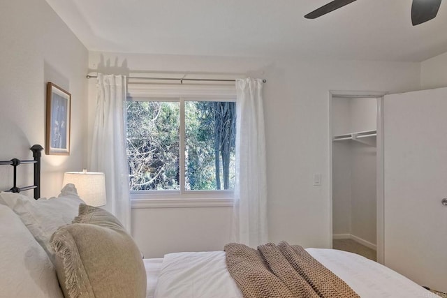 bedroom featuring ceiling fan and a spacious closet