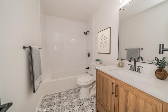 full bathroom featuring vanity, bathing tub / shower combination, and toilet