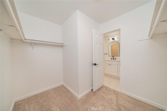 walk in closet with sink and light carpet