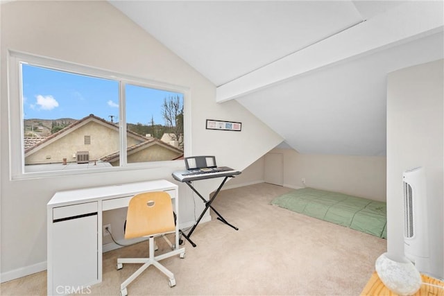 carpeted home office with lofted ceiling with beams