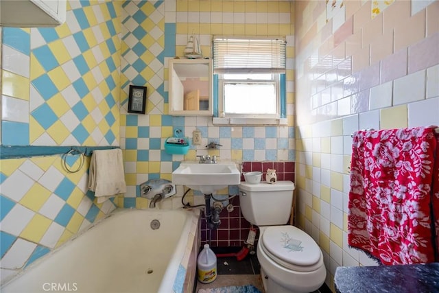 bathroom featuring tile walls, tasteful backsplash, a bathing tub, and toilet