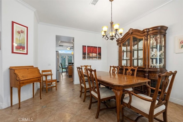 dining room with crown molding, light tile patterned flooring, and ceiling fan with notable chandelier