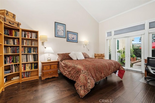 bedroom featuring french doors, high vaulted ceiling, ornamental molding, dark hardwood / wood-style floors, and access to exterior