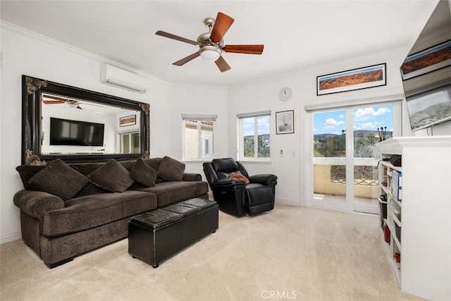 carpeted living room featuring ceiling fan, ornamental molding, and a wall unit AC