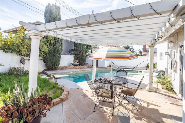 view of pool featuring a fenced in pool, a fenced backyard, a patio area, a diving board, and a pergola