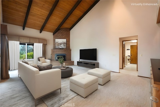 living room with high vaulted ceiling, wooden ceiling, light carpet, a brick fireplace, and beamed ceiling