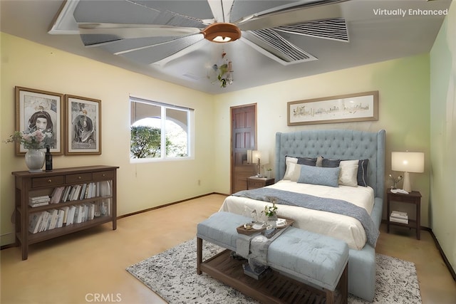 bedroom with a ceiling fan and baseboards