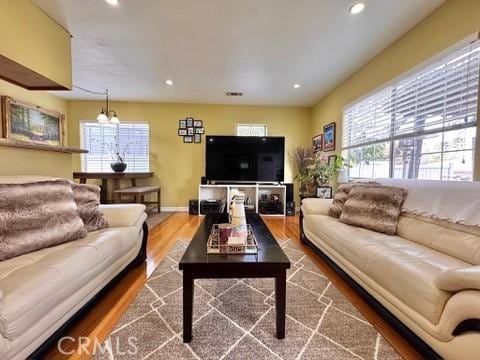 living room with wood-type flooring, a chandelier, and a healthy amount of sunlight