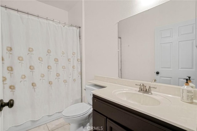 full bathroom featuring vanity, shower / bath combo, tile patterned floors, and toilet