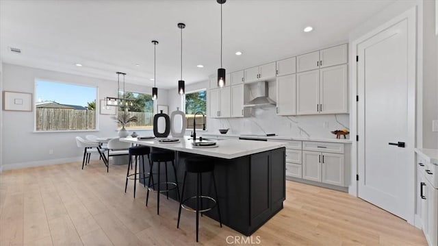 kitchen featuring white cabinetry, wall chimney exhaust hood, and a kitchen island with sink