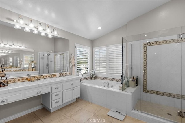 bathroom featuring lofted ceiling, shower with separate bathtub, tile patterned flooring, and vanity