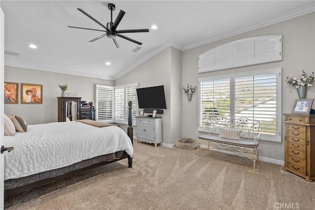 bedroom featuring light carpet, crown molding, multiple windows, and ceiling fan