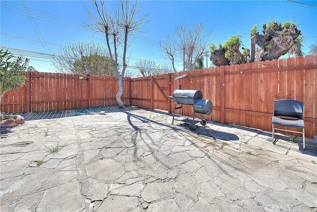 view of patio with a grill and a fenced backyard