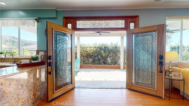 doorway to outside with sink, crown molding, wood-type flooring, a mountain view, and ceiling fan