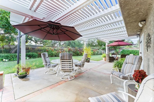 view of patio with outdoor dining area, a fenced backyard, outdoor lounge area, and a pergola