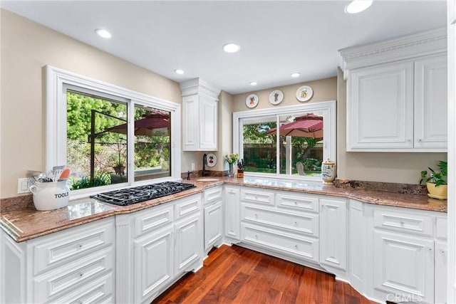 kitchen featuring stone counters, recessed lighting, white cabinetry, and dark wood finished floors