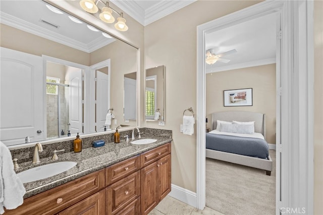 bathroom featuring an enclosed shower, ceiling fan, vanity, and crown molding