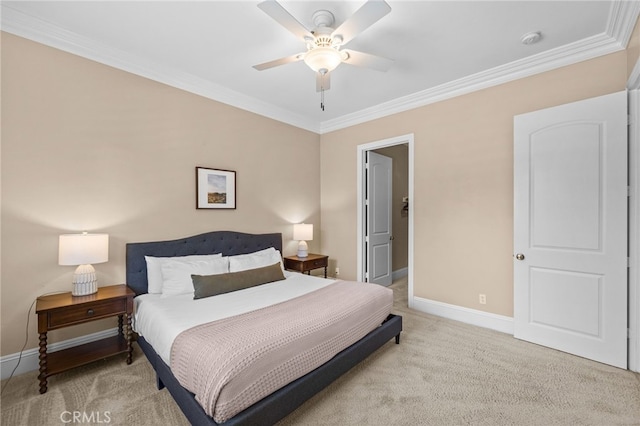 bedroom featuring light carpet, ceiling fan, and ornamental molding