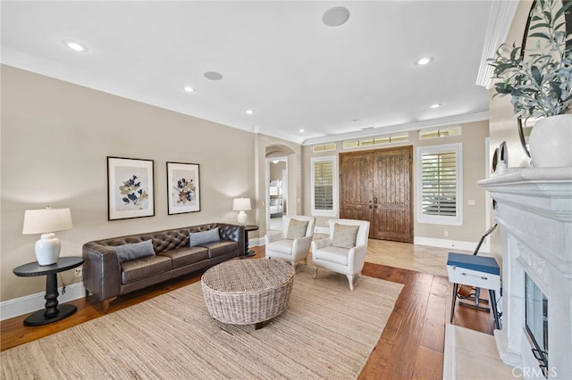 living room featuring light hardwood / wood-style flooring and crown molding