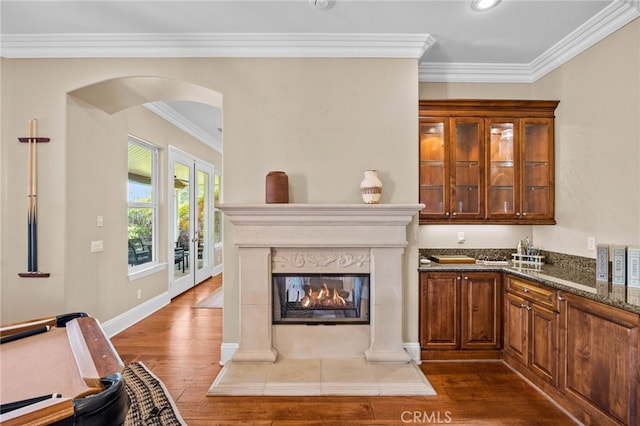 bar featuring dark stone counters, crown molding, dark hardwood / wood-style flooring, and a premium fireplace