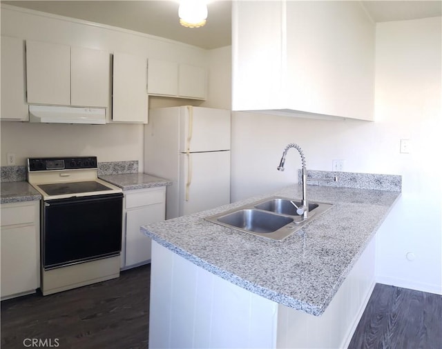 kitchen featuring white cabinetry, sink, range with electric stovetop, and white refrigerator