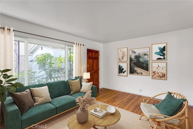 living area featuring baseboards and wood finished floors