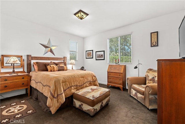 bedroom featuring dark carpet