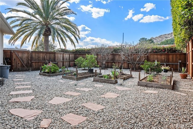 view of yard with a garden and a fenced backyard